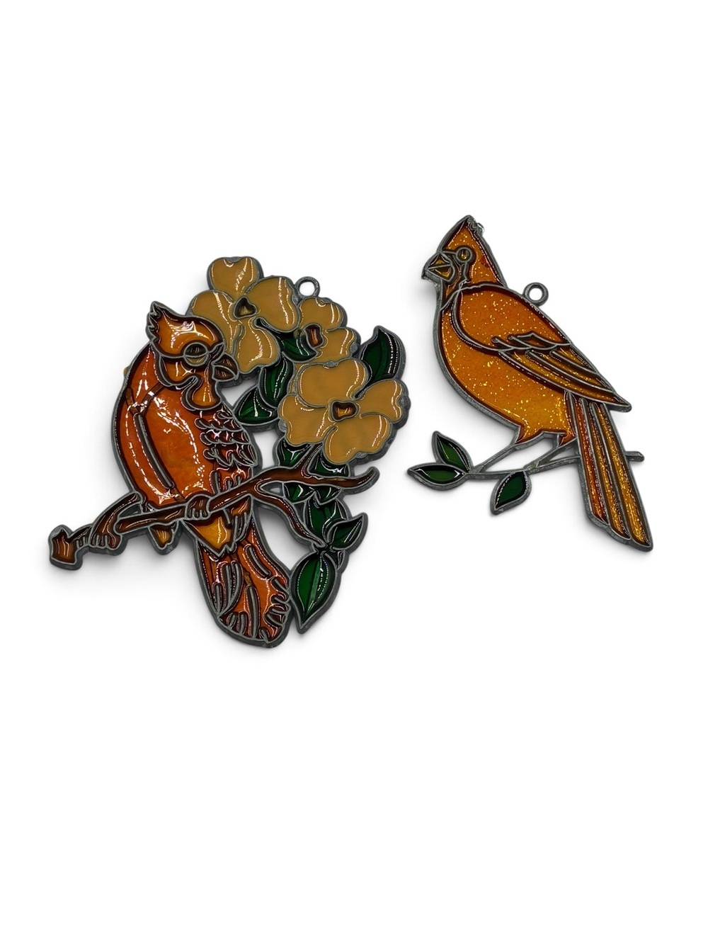 Lot of 2 Vintage Cardinal Faux Stained Glass Suncatchers Red Bird Dogwood Flower